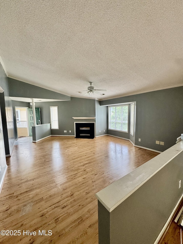 607 Spring Forest Rd Unit G, Greenville, NC 27834 - unfurnished living room featuring a textured ceiling, ornamental molding, ceiling fan, wood finished floors, and a fireplace