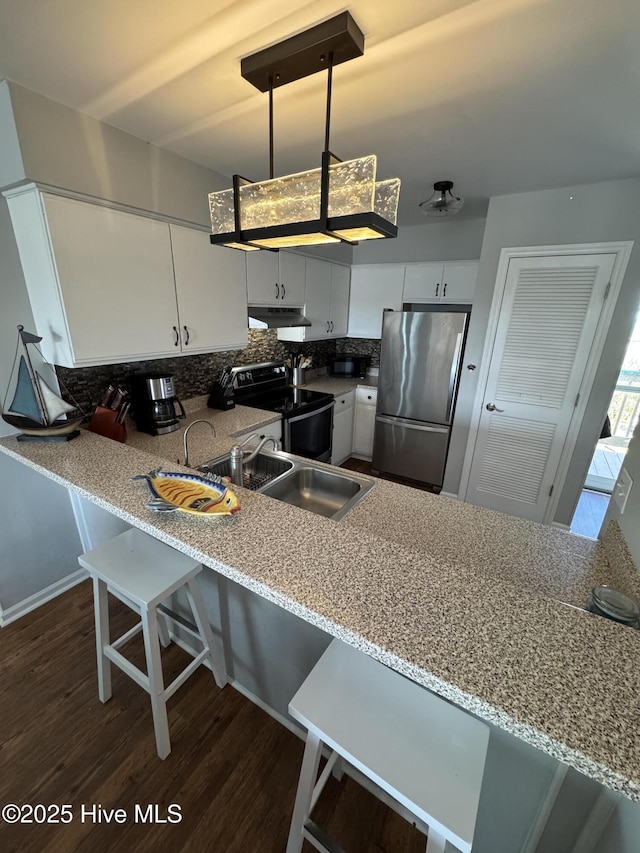 kitchen featuring stainless steel appliances, a sink, a peninsula, backsplash, and under cabinet range hood