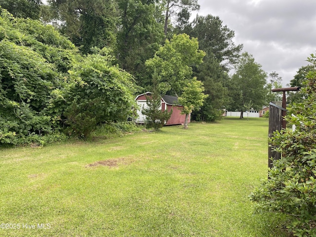 view of grassy yard featuring a storage shed and an outdoor structure