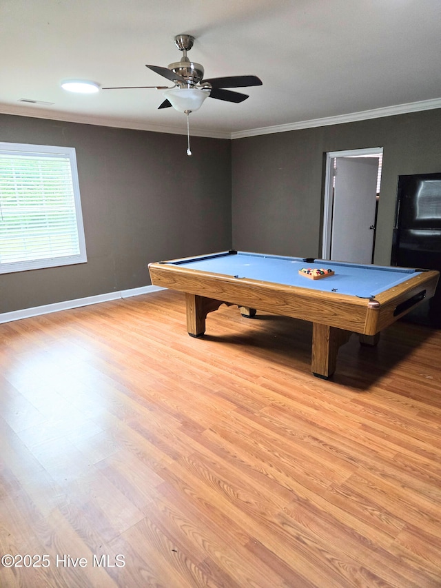 1120 Princeton Kenly Rd, Kenly, NC 27542 - recreation room with billiards, crown molding, light wood finished floors, and a ceiling fan