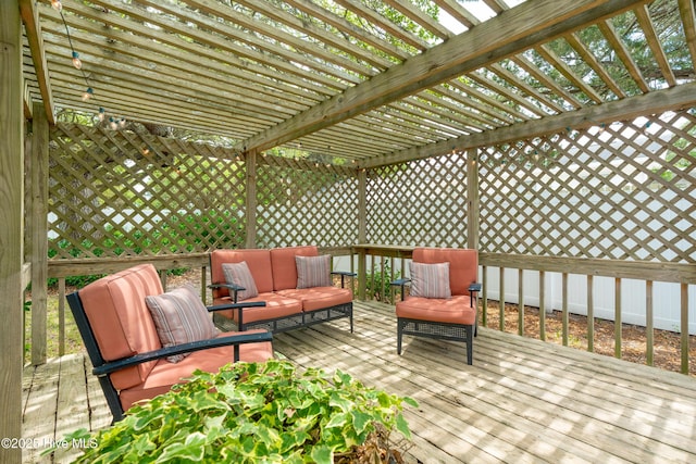deck with a pergola and an outdoor living space