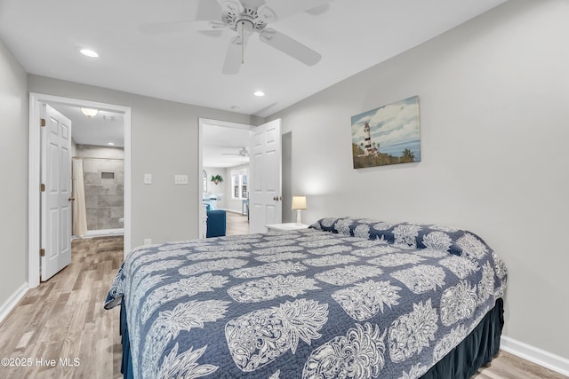 bedroom with wood finished floors, recessed lighting, baseboards, connected bathroom, and ceiling fan