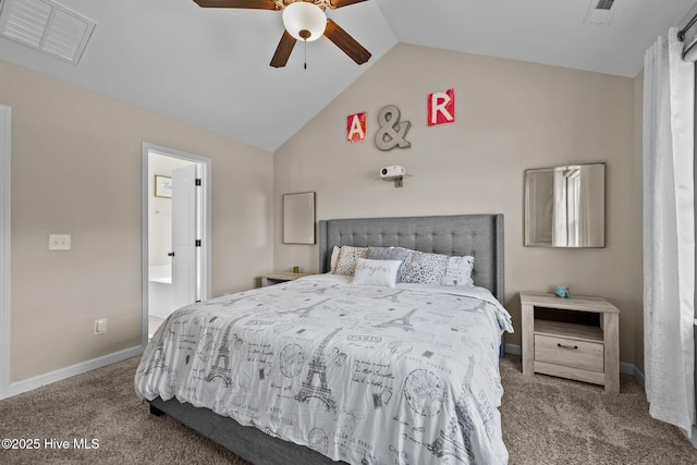 carpeted bedroom with visible vents, baseboards, ceiling fan, ensuite bath, and vaulted ceiling