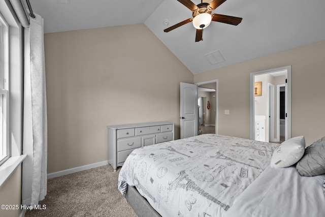 bedroom with high vaulted ceiling, baseboards, a ceiling fan, and carpet floors