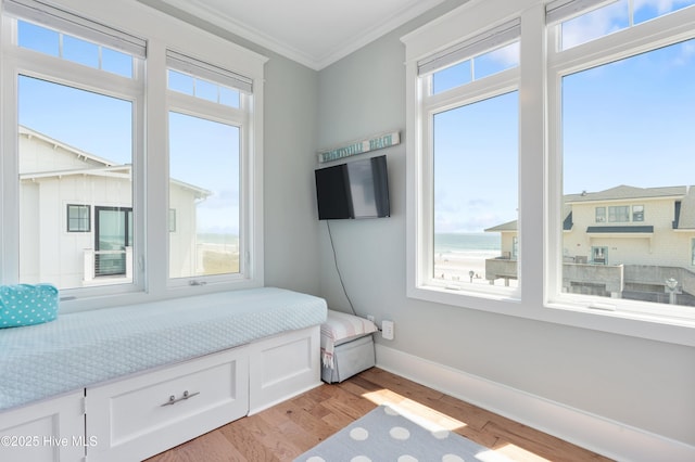 26 Seagull St Unit B, Wrightsville Beach, NC 28480 - bedroom featuring multiple windows, crown molding, light wood-type flooring, and baseboards