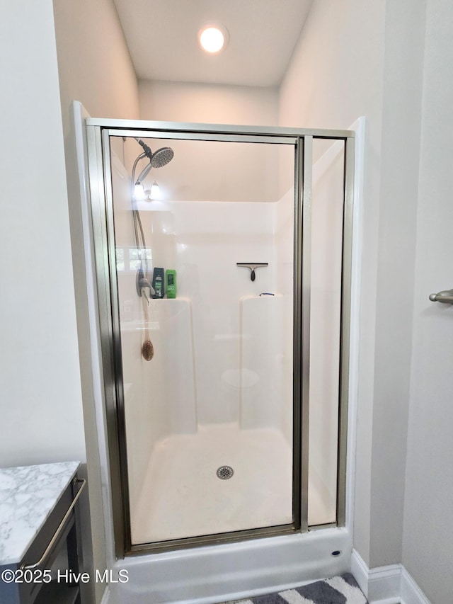 full bathroom with vanity and a shower stall