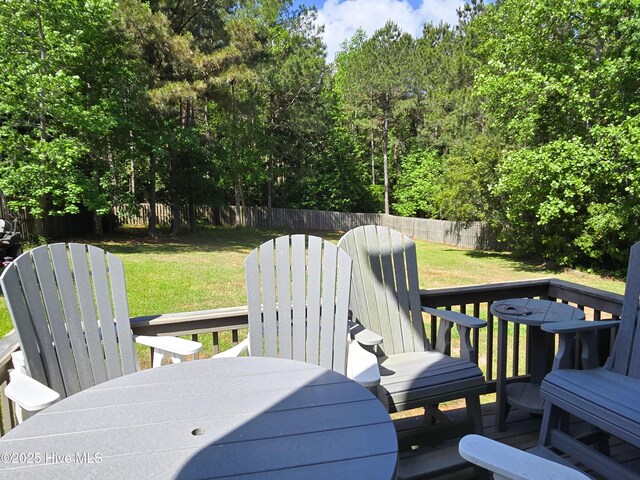 wooden terrace with a yard, outdoor dining space, and a fenced backyard