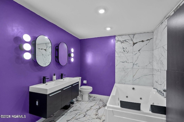 1718 Highland Dr, Washington, NC 27889 - bathroom featuring a whirlpool tub, toilet, marble finish floor, a sink, and double vanity