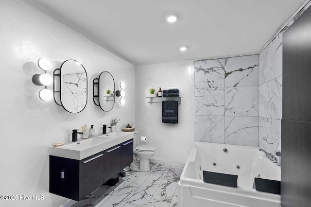 1718 Highland Dr, Washington, NC 27889 - full bathroom with toilet, marble finish floor, recessed lighting, a jetted tub, and double vanity