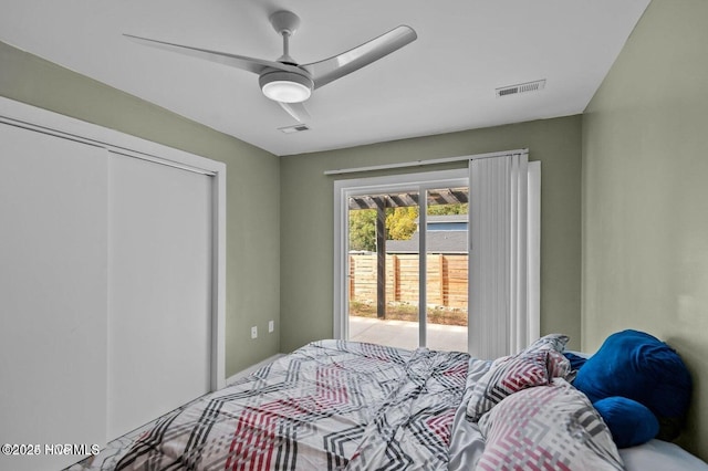 1718 Highland Dr, Washington, NC 27889 - bedroom featuring a ceiling fan, a closet, access to outside, and visible vents