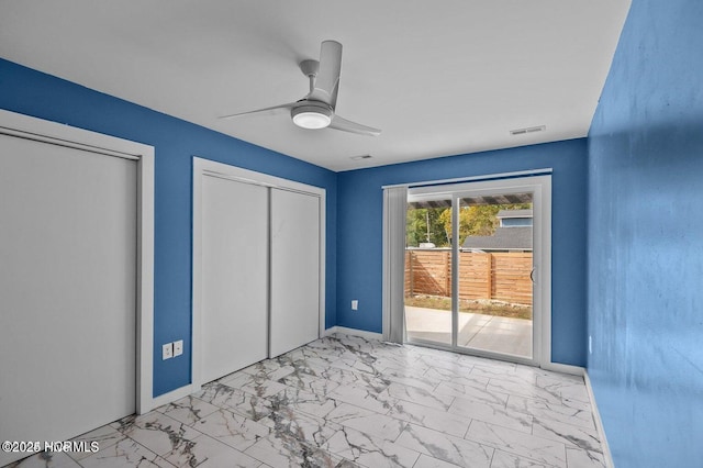 1718 Highland Dr, Washington, NC 27889 - unfurnished bedroom with marble finish floor, visible vents, a ceiling fan, baseboards, and access to exterior