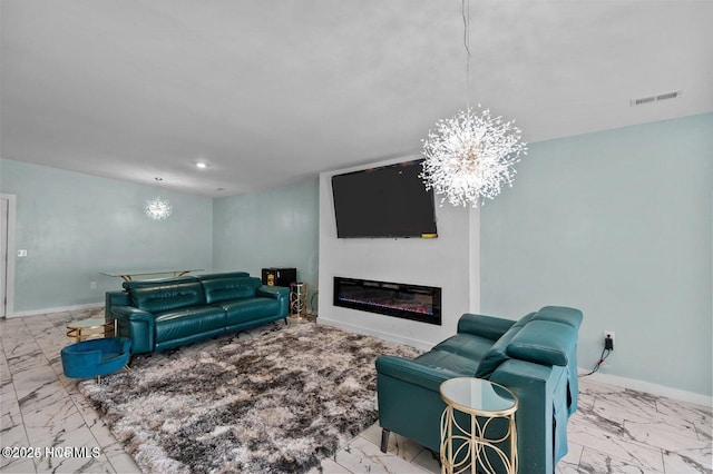 1718 Highland Dr, Washington, NC 27889 - living area with marble finish floor, visible vents, a chandelier, baseboards, and a glass covered fireplace