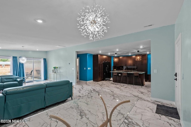 1718 Highland Dr, Washington, NC 27889 - living area featuring marble finish floor, visible vents, recessed lighting, a chandelier, and baseboards