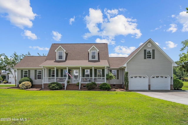 cape cod home with crawl space, a porch, an attached garage, concrete driveway, and a front lawn