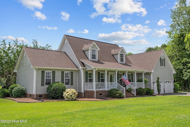 cape cod home with crawl space, a porch, a front yard, and a shingled roof