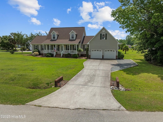 cape cod home with covered porch, an attached garage, driveway, and a front lawn