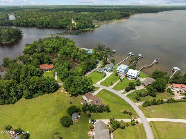 aerial overview of property's location featuring a nearby body of water and a forest