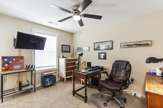 326 Starfish Ln, Sneads Ferry, NC 28460 - office area featuring visible vents, baseboards, a ceiling fan, and carpet floors