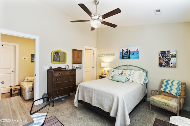 326 Starfish Ln, Sneads Ferry, NC 28460 - bedroom with a ceiling fan, light carpet, high vaulted ceiling, and visible vents