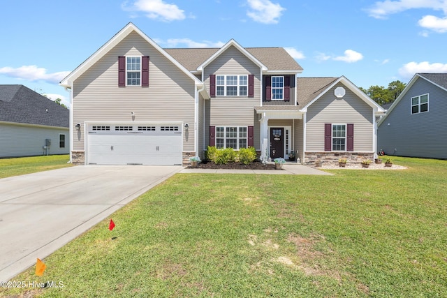432 Water Wagon Trl, Jacksonville, NC 28546 - view of front of property featuring stone siding, concrete driveway, an attached garage, and a front yard
