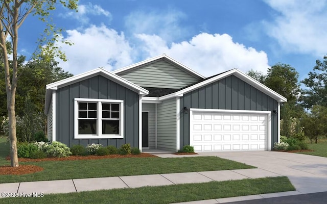 ranch-style house featuring board and batten siding, an attached garage, concrete driveway, and a front lawn