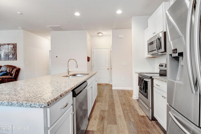 kitchen featuring light wood-style flooring, visible vents, a sink, stainless steel appliances, and white cabinets