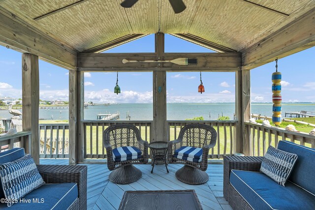 515 Blue Heron Dr, Newport, NC 28570 - wooden terrace with a gazebo, a water view, and ceiling fan