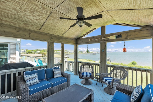 515 Blue Heron Dr, Newport, NC 28570 - wooden deck with a water view, an outdoor hangout area, and ceiling fan