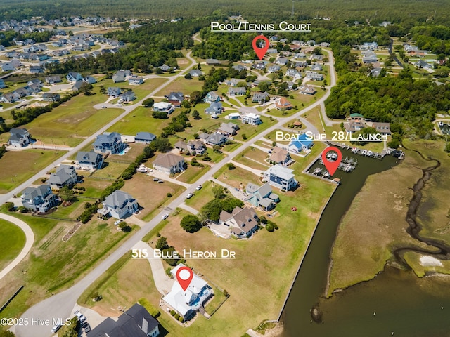 515 Blue Heron Dr, Newport, NC 28570 - aerial view of property and surrounding area with a large body of water and nearby suburban area