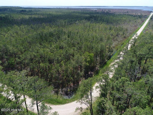 birds eye view of property featuring a wooded view