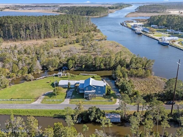 bird's eye view with a water view and a wooded view