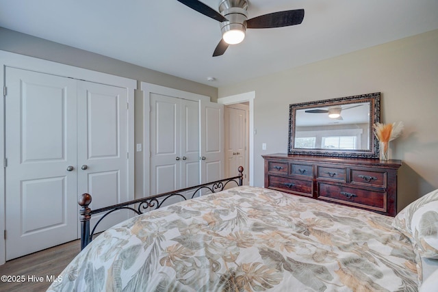 237 Pine Village Dr, Rocky Point, NC 28457 - bedroom with multiple closets, wood finished floors, and a ceiling fan