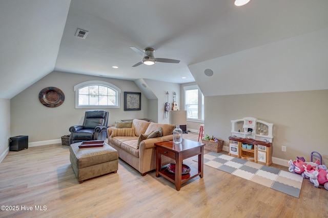 237 Pine Village Dr, Rocky Point, NC 28457 - living room with light wood-style flooring, vaulted ceiling, a ceiling fan, healthy amount of natural light, and recessed lighting