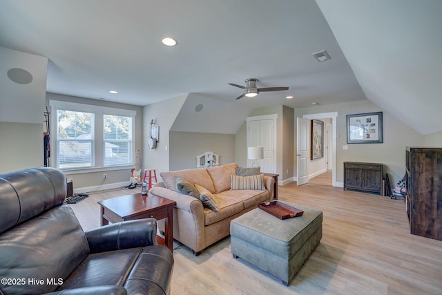 237 Pine Village Dr, Rocky Point, NC 28457 - living area with light wood finished floors, vaulted ceiling, ceiling fan, and recessed lighting