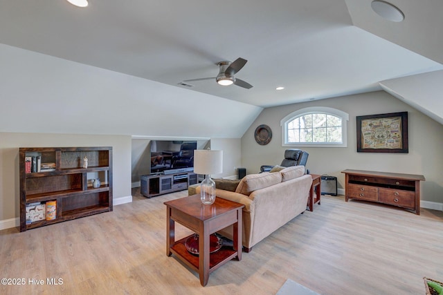 237 Pine Village Dr, Rocky Point, NC 28457 - living room featuring light wood-type flooring, vaulted ceiling, ceiling fan, and recessed lighting