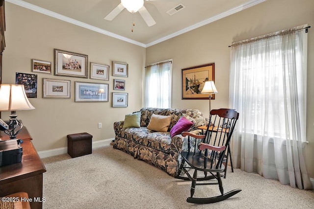 3284 Gardenwood Dr, Leland, NC 28451 - living room with a ceiling fan, carpet floors, crown molding, and baseboards