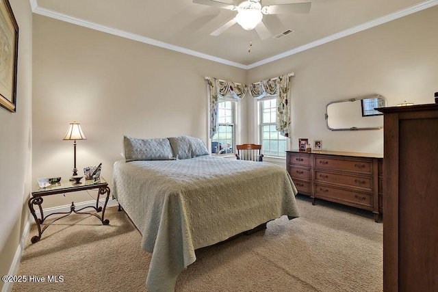3284 Gardenwood Dr, Leland, NC 28451 - bedroom featuring light colored carpet, ornamental molding, ceiling fan, and baseboards