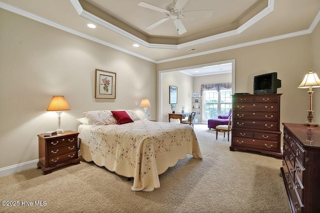 3284 Gardenwood Dr, Leland, NC 28451 - bedroom with light carpet, ornamental molding, a tray ceiling, recessed lighting, and baseboards