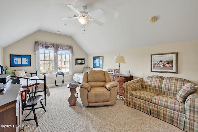 3284 Gardenwood Dr, Leland, NC 28451 - living room featuring carpet flooring, vaulted ceiling, a ceiling fan, and baseboards
