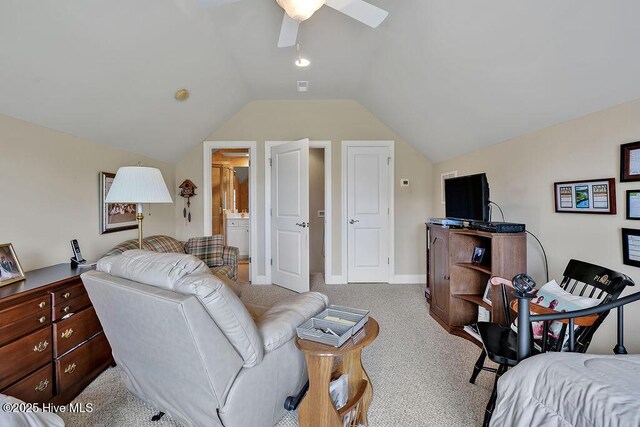 3284 Gardenwood Dr, Leland, NC 28451 - bedroom featuring carpet flooring, vaulted ceiling, ceiling fan, connected bathroom, and baseboards