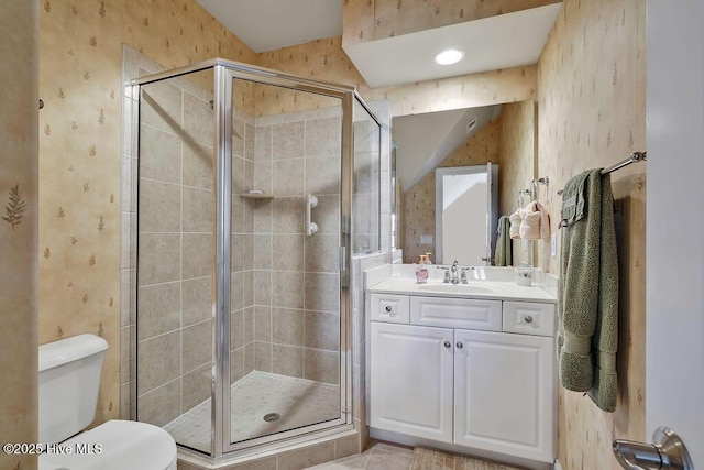 3284 Gardenwood Dr, Leland, NC 28451 - full bath with wallpapered walls, a shower stall, toilet, and vanity