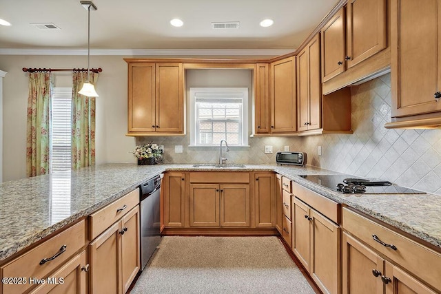 3284 Gardenwood Dr, Leland, NC 28451 - kitchen with a sink, stainless steel dishwasher, black electric cooktop, hanging light fixtures, and a peninsula