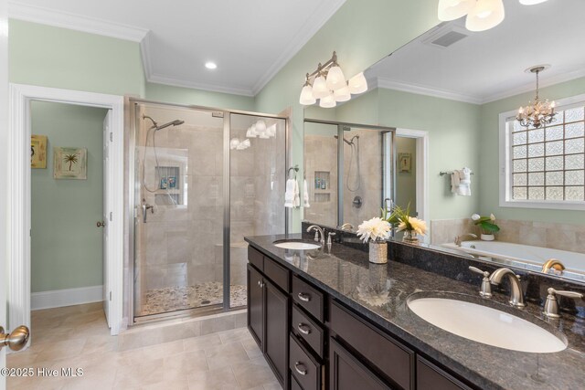 bathroom with a shower stall, crown molding, tile patterned flooring, a chandelier, and double vanity