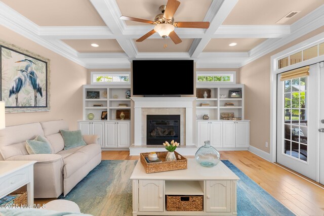 living room with coffered ceiling, light wood finished floors, beam ceiling, ceiling fan, and a glass covered fireplace