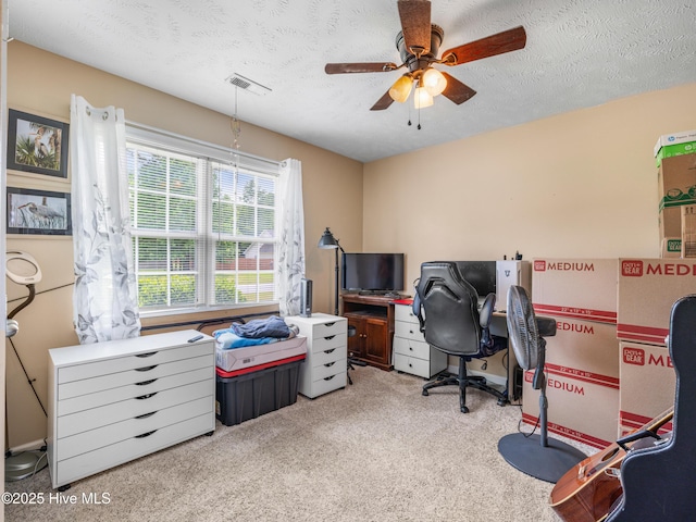 102 Flat Rock Ln, Richlands, NC 28574 - carpeted home office with a ceiling fan and a textured ceiling