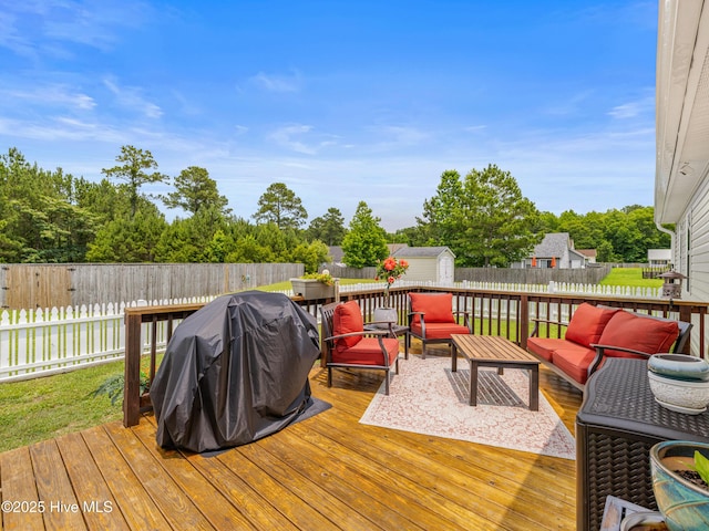 102 Flat Rock Ln, Richlands, NC 28574 - wooden deck with an outdoor hangout area and a fenced backyard