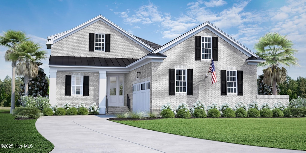 view of front facade featuring brick siding, a front lawn, a standing seam roof, entry steps, and metal roof