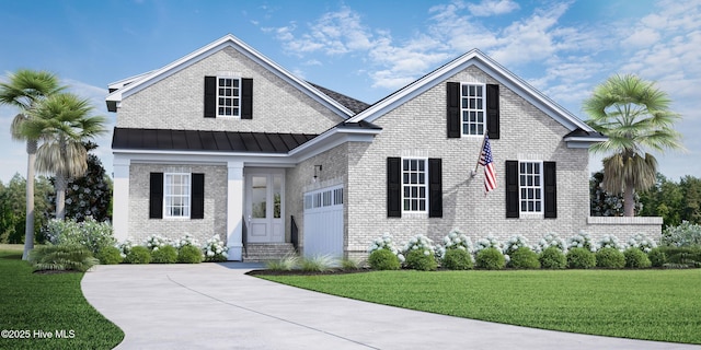view of front facade featuring brick siding, a front lawn, a standing seam roof, entry steps, and metal roof