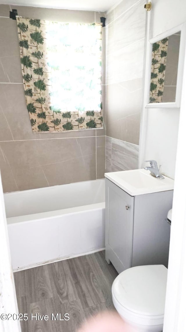 bathroom featuring wood finished floors, vanity, and toilet
