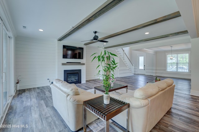 374 Yucca Ln, Wilmington, NC 28412 - living room featuring wood finished floors, a large fireplace, ceiling fan, stairway, and recessed lighting
